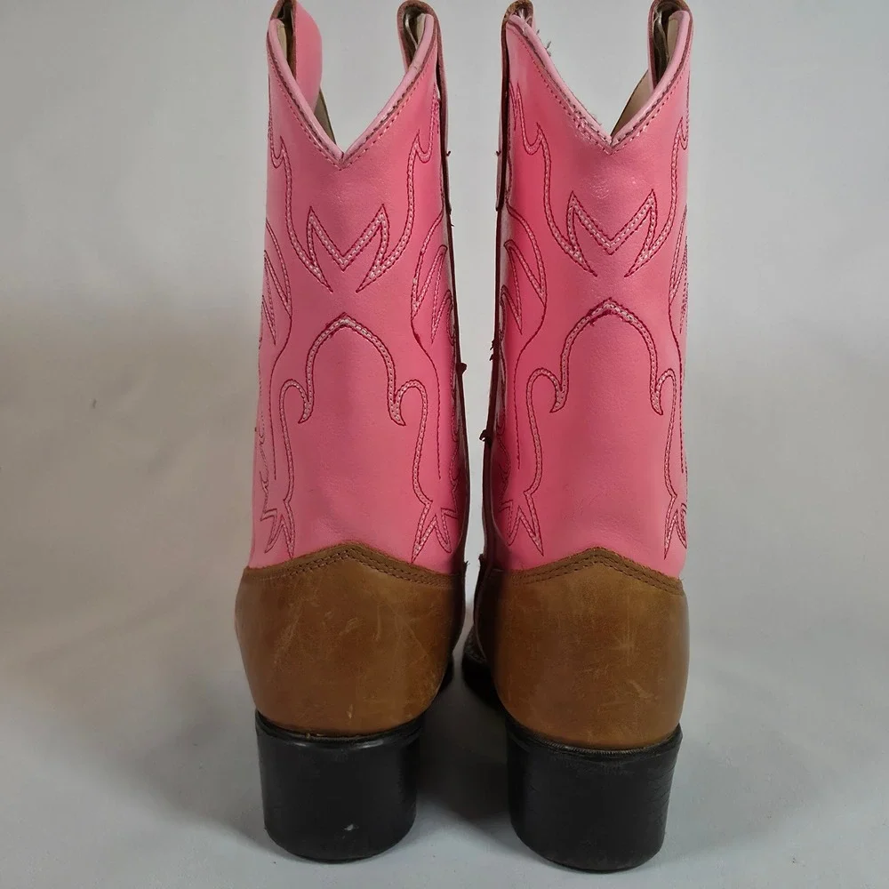 Old West J Toe Cowboy Boots Pink Brown Youth 2D Leather Pointed Toe Stitching